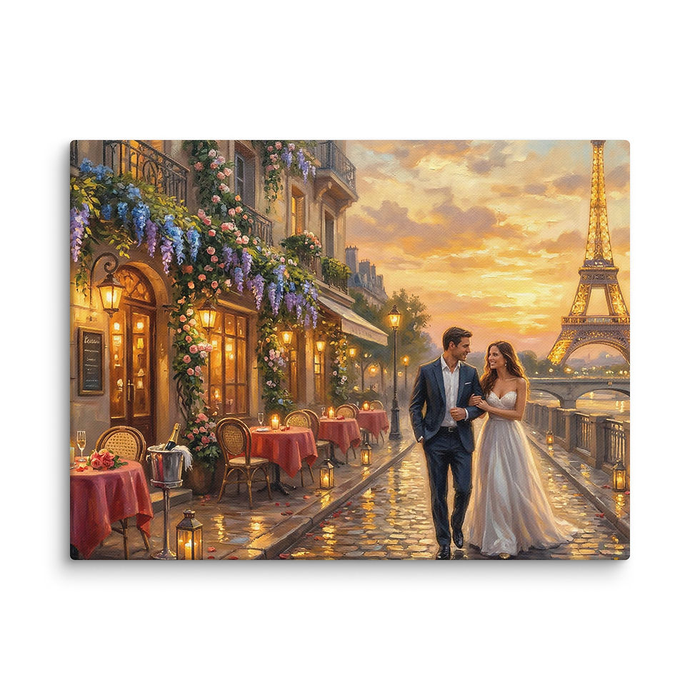 Thumbnail: eiffel tower romantic wall art with paris street cafe and glowing evening lights