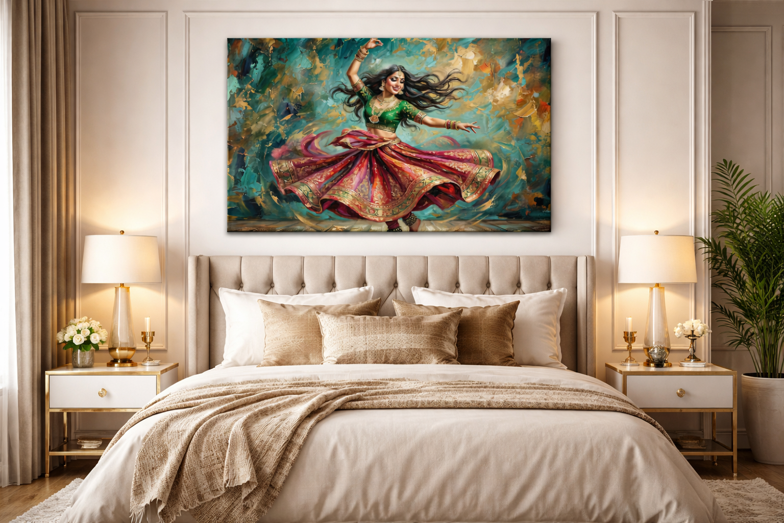 dancer wall art canvas above bed, colorful figurative painting with flowing dress for bedroom decor