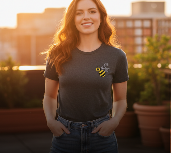 Woman wearing Bee Scribble Studio hoodie in a warm lifestyle setting