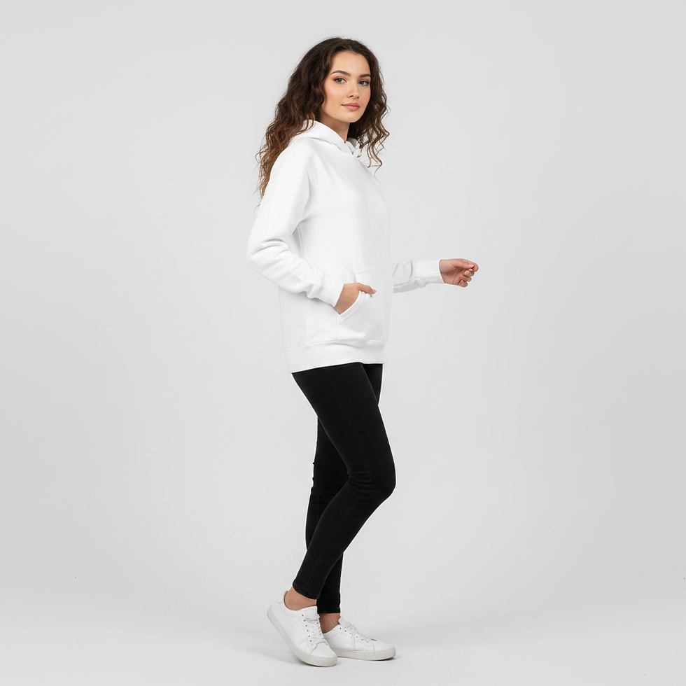 Thumbnail: Woman wearing white hoodie with Stay Golden graphic in lifestyle side pose mockup.