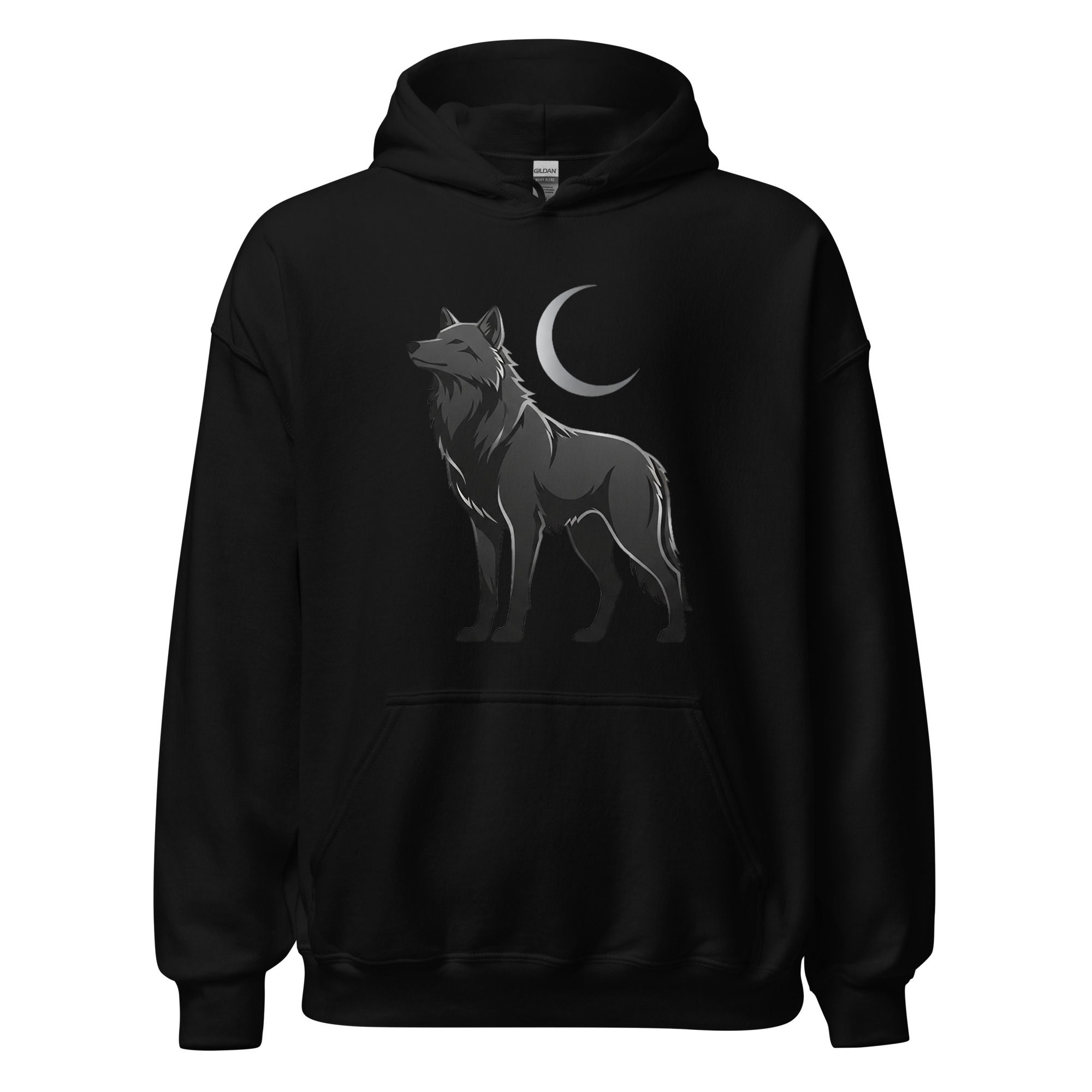Men’s black graphic hoodie featuring a lone wolf under a crescent moon design