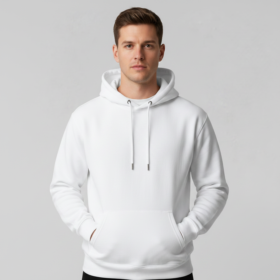 Thumbnail: Male model wearing white pullover hoodie with relaxed fit and hood