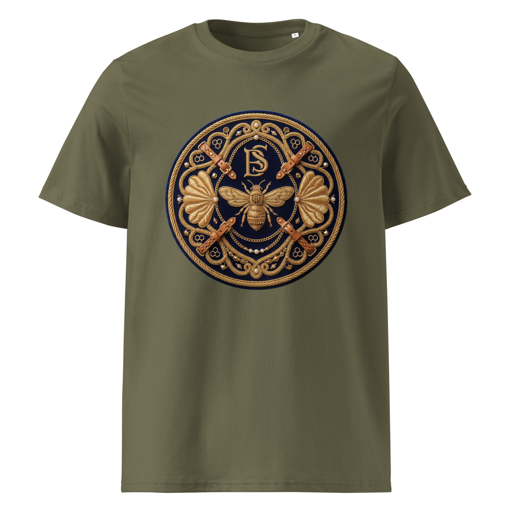 olive green bee graphic t-shirt ornate design front view