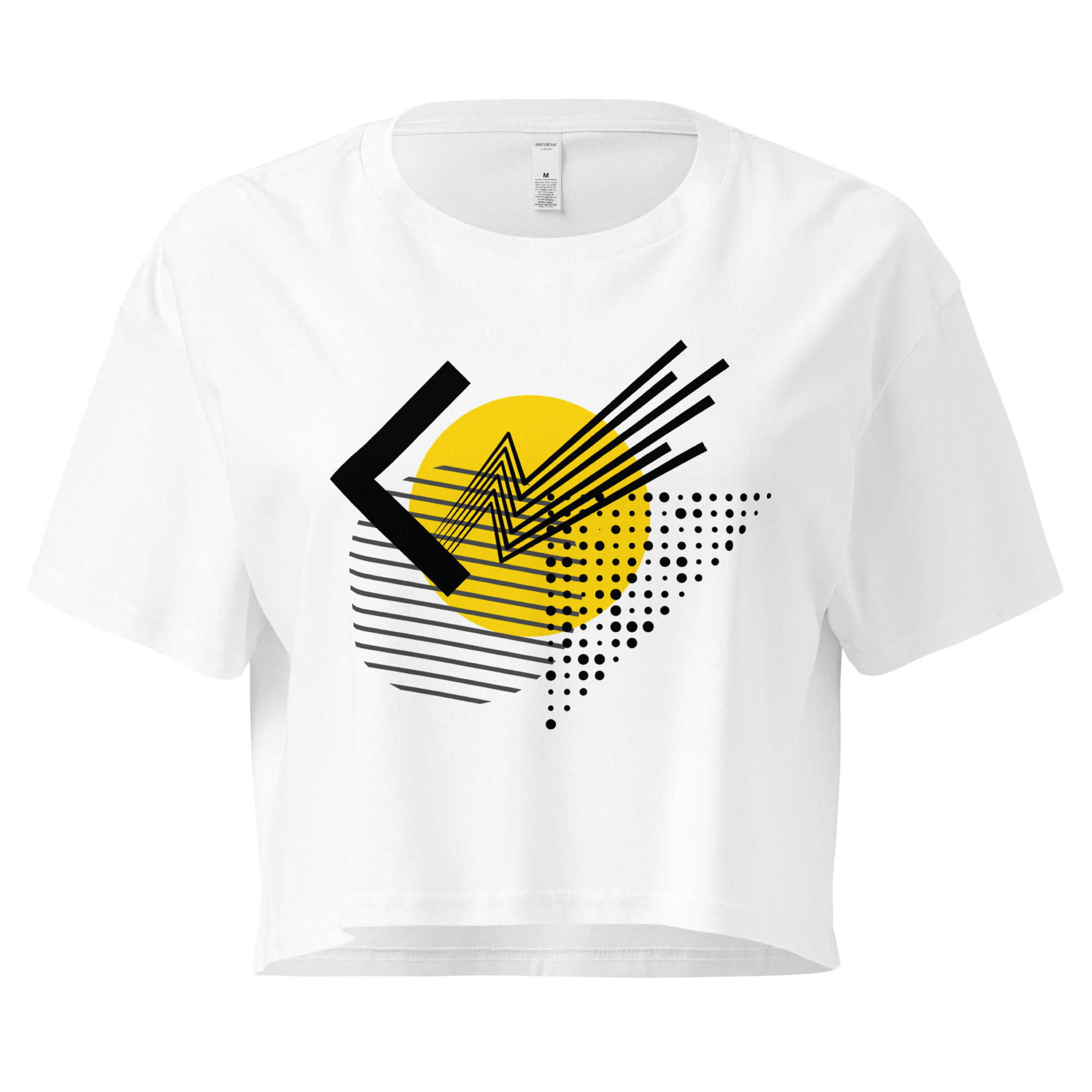 White cropped cotton top with minimalist geometric print on front