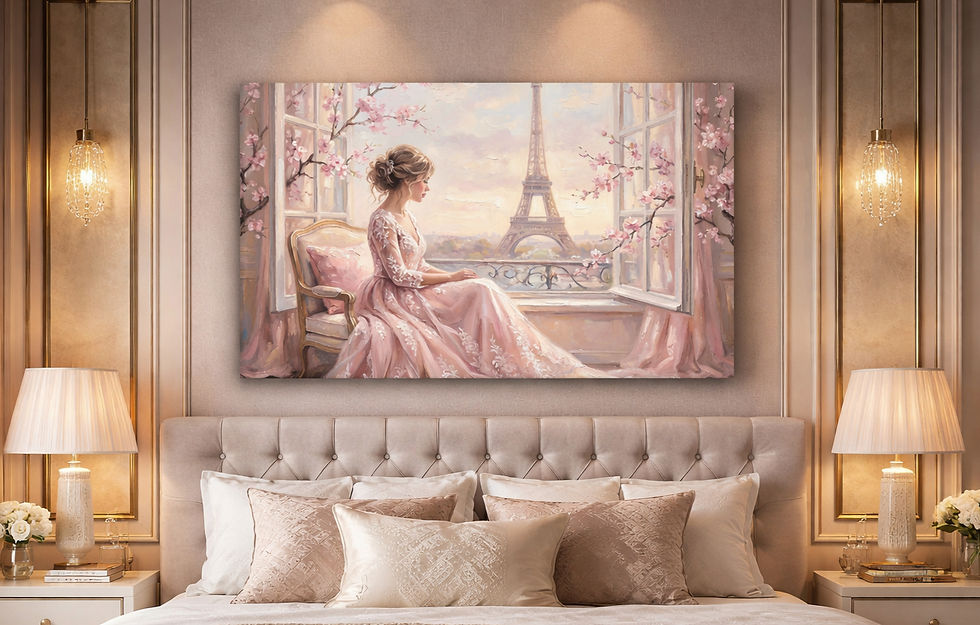 Parisian Blush Reverie wall art displayed above a bed in a soft elegant bedroom