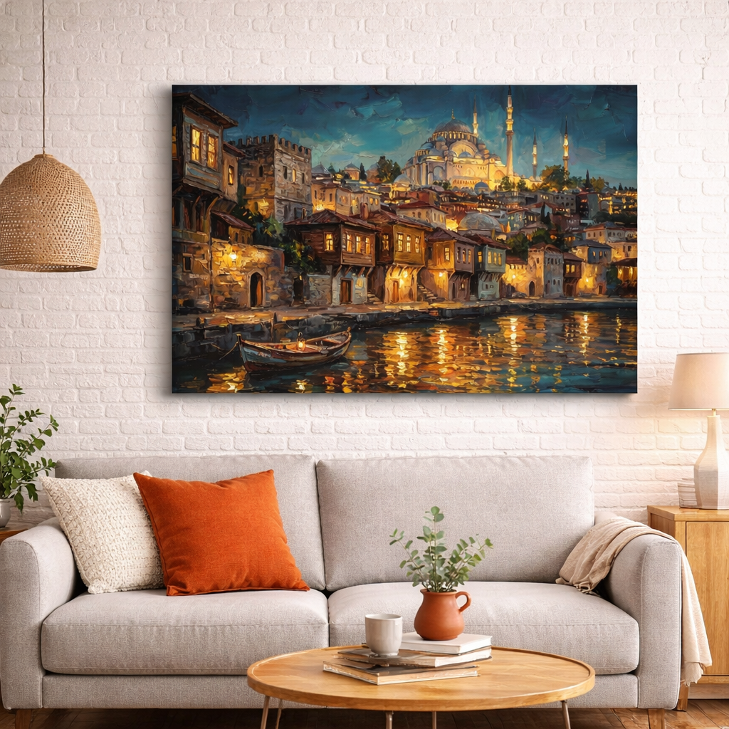 Midnight Harbour canvas wall art displayed in a modern living room interior Why: