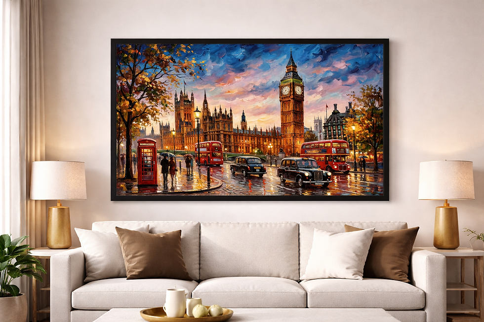 Thumbnail: Framed London cityscape wall art featuring Big Ben and Westminster after rain in a modern living room