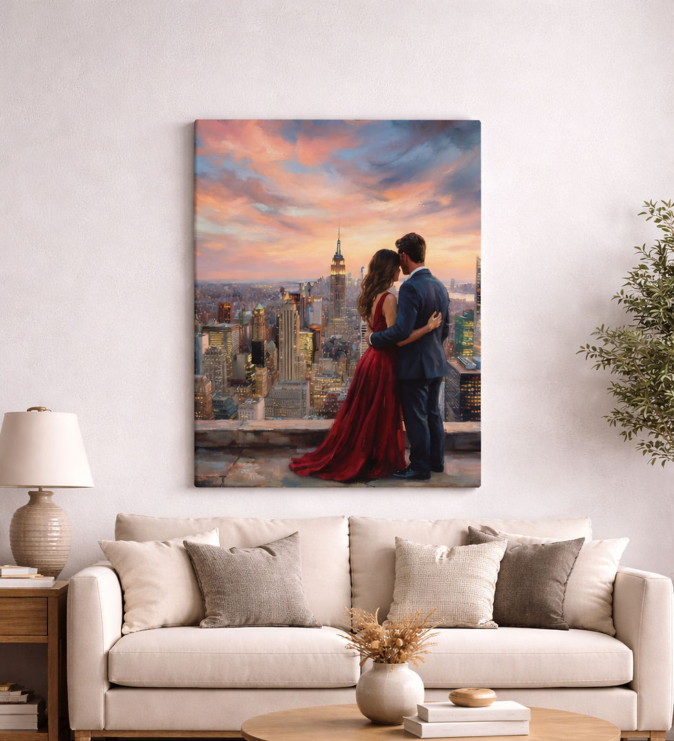 Empire State Reverie wall art displayed above a sofa in a soft neutral living room