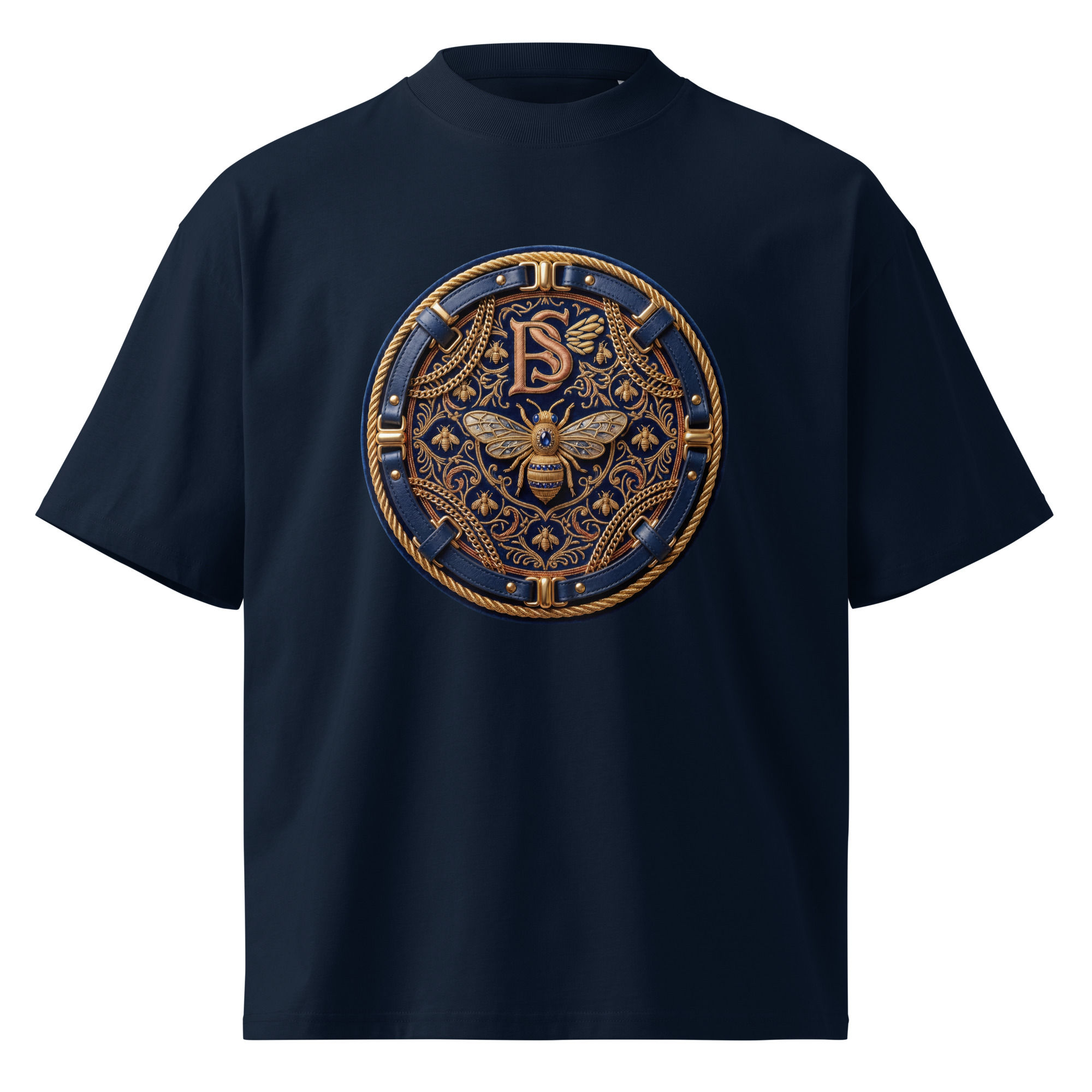 Navy Imperial Tee with detailed bee emblem design