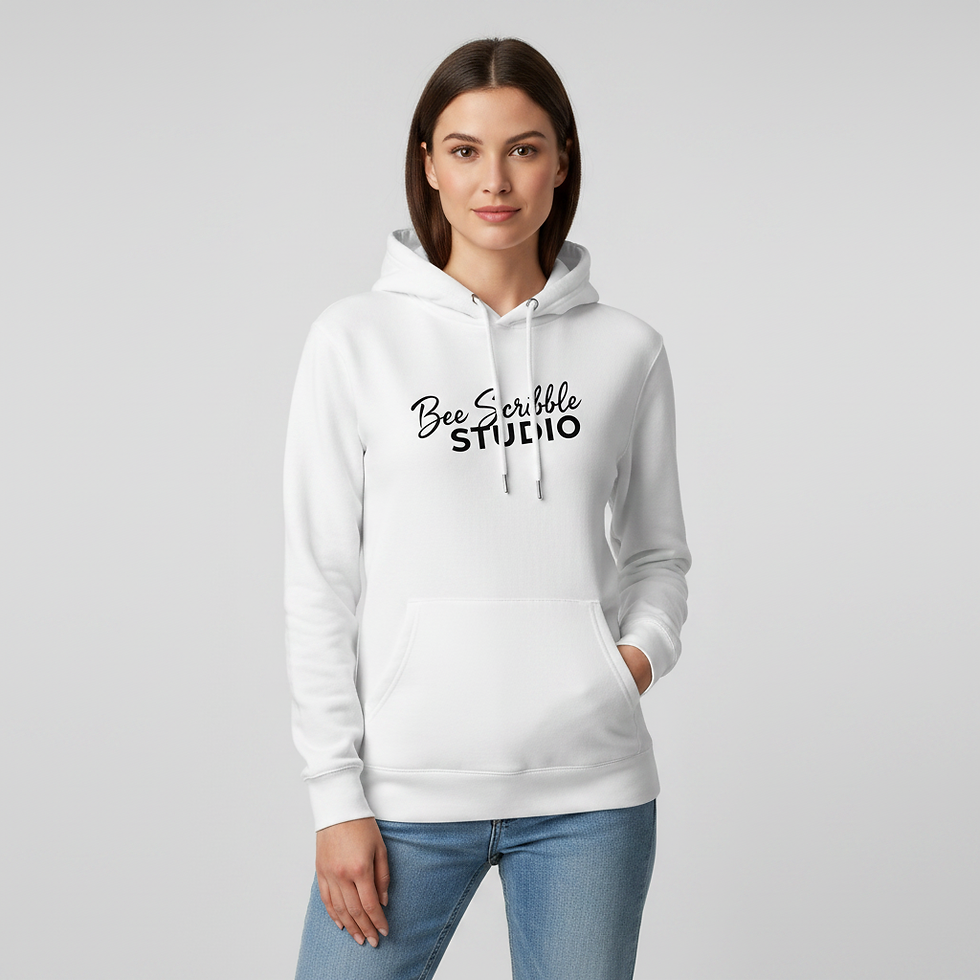 Woman wearing white Bee Scribble Studio hoodie with black logo print
