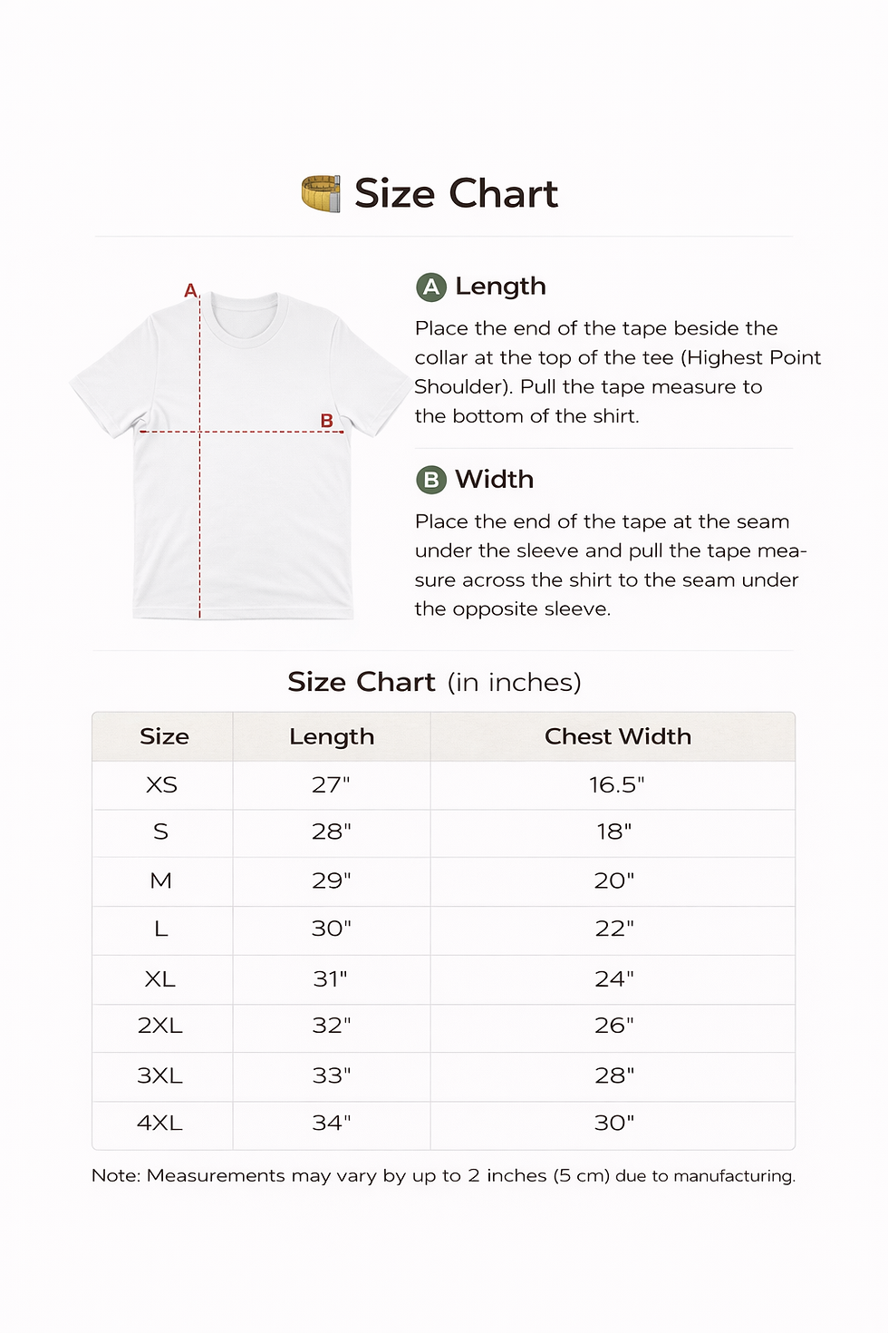 Thumbnail: Men’s t-shirt size chart showing measurements for minimal bee graphic tee