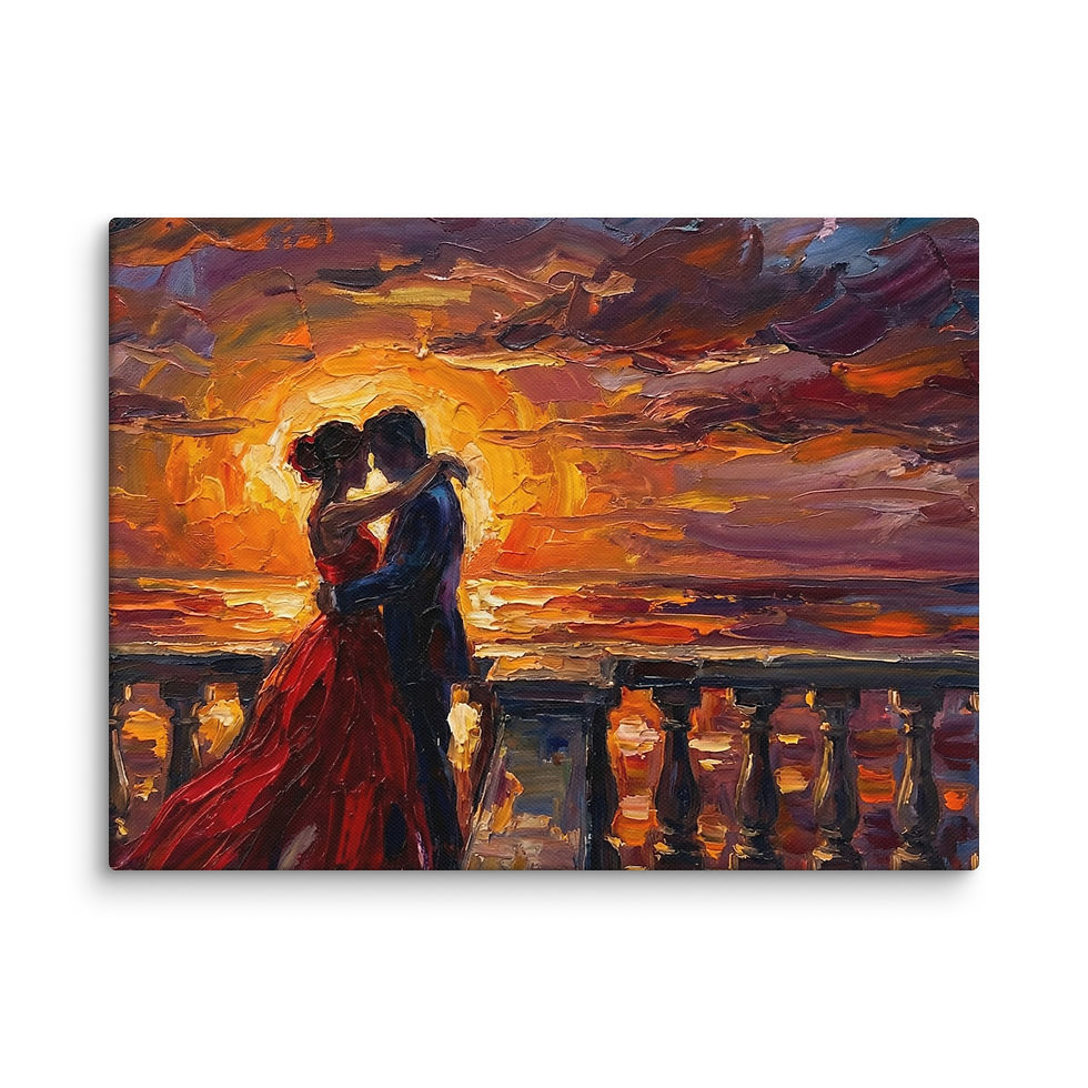 Crimson Sunset Reverie wall art featuring two figures embracing at a glowing sunset