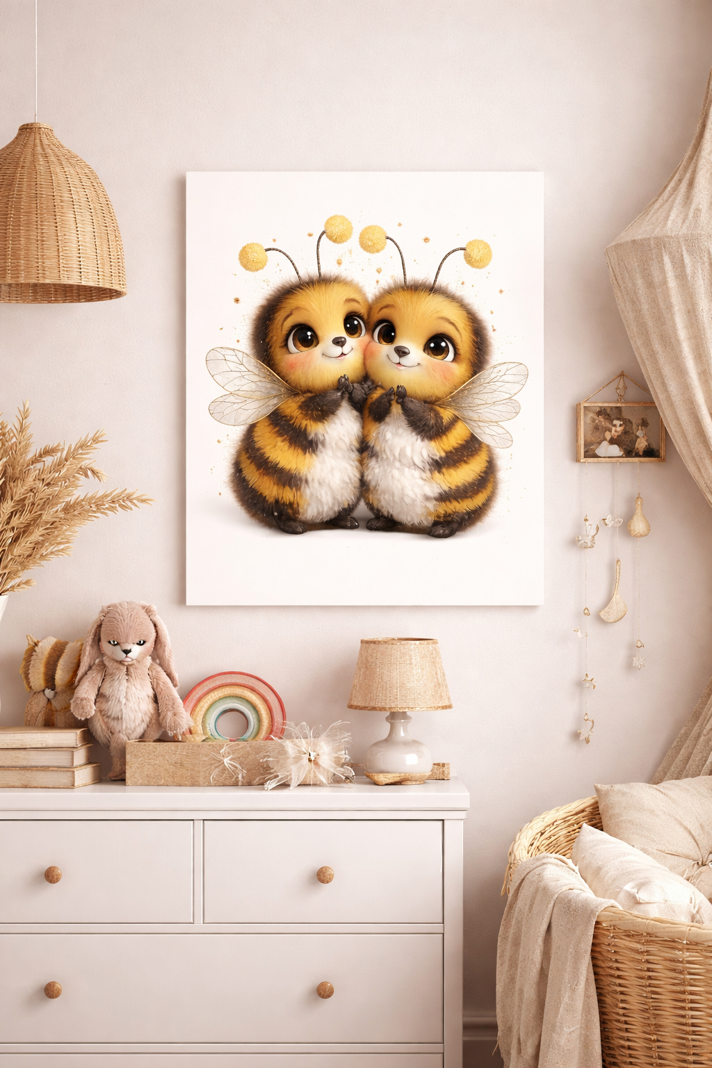 Side by Side framed nursery wall art displayed in a cozy baby room, sweet bee illustration creating a calm and loving wallart