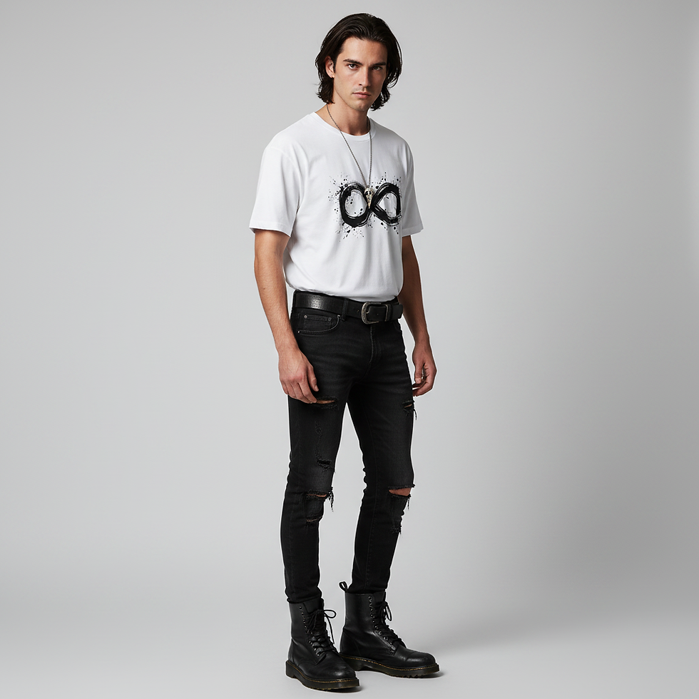 Model wearing white Infinity Mark t-shirt with minimalist infinity symbol artwork