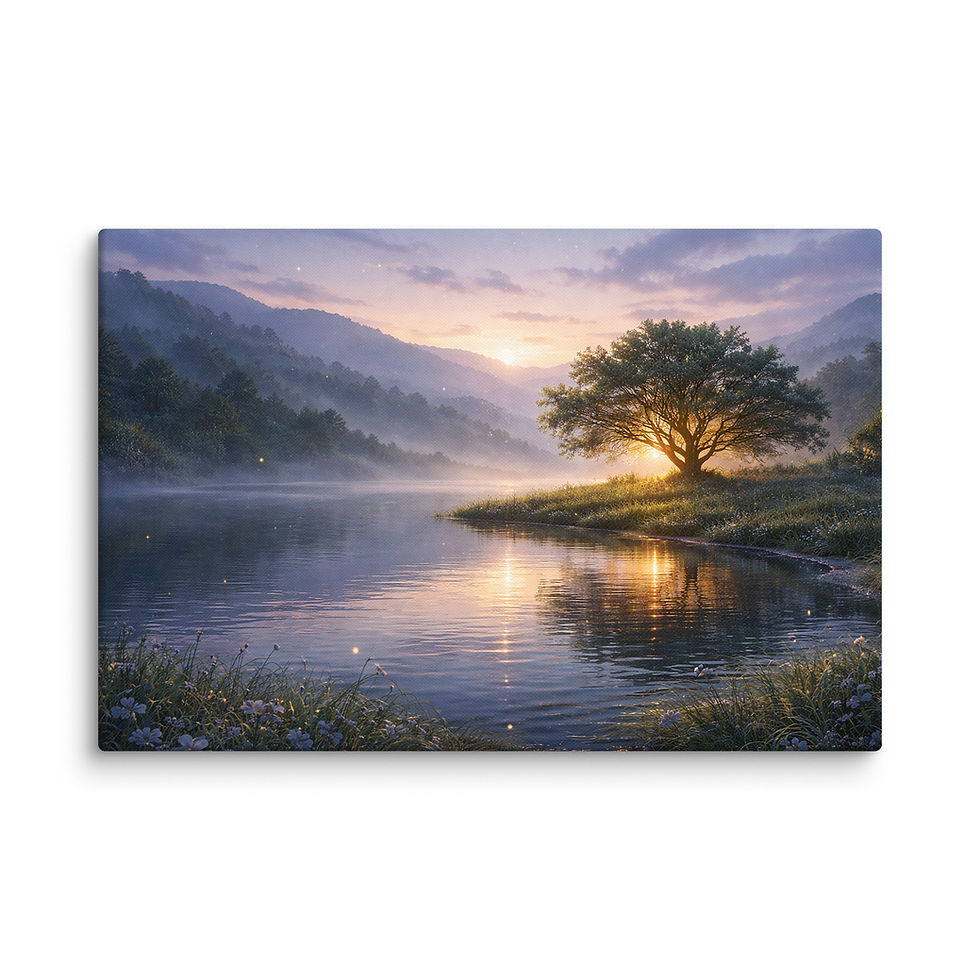 Thumbnail: Stillwater Dawn landscape canvas wall art with misty water and warm sunrise glow
