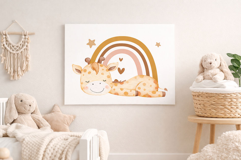 Giraffe rainbow nursery wall art print displayed in a calm, modern baby room setting