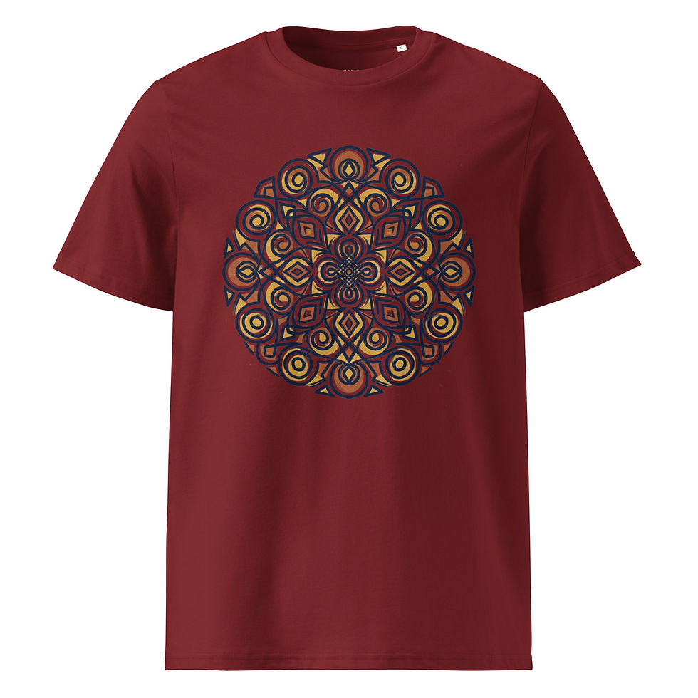 Mandala art t-shirt with geometric circular design in red