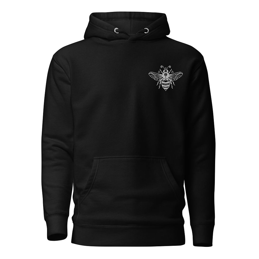 Thumbnail: black oversized hoodie with minimal bee line embroidery on chest