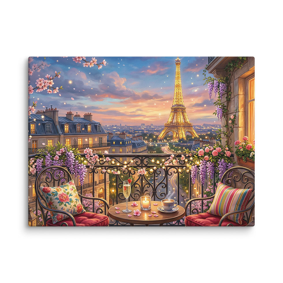 Thumbnail: Paris sunset wall art featuring Eiffel Tower view from a charming balcony filled with flowers