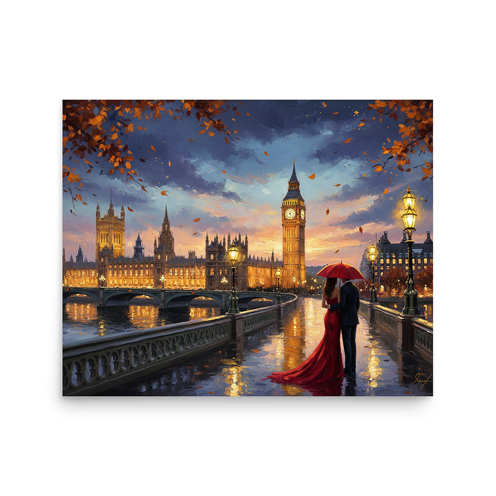 Thumbnail: Cinematic London skyline art print featuring a couple under a red umbrella