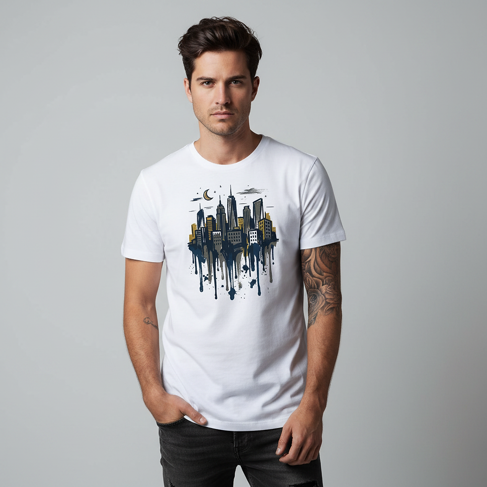 Male model wearing white Midnight Skyline Tee with modern cityscape artwork