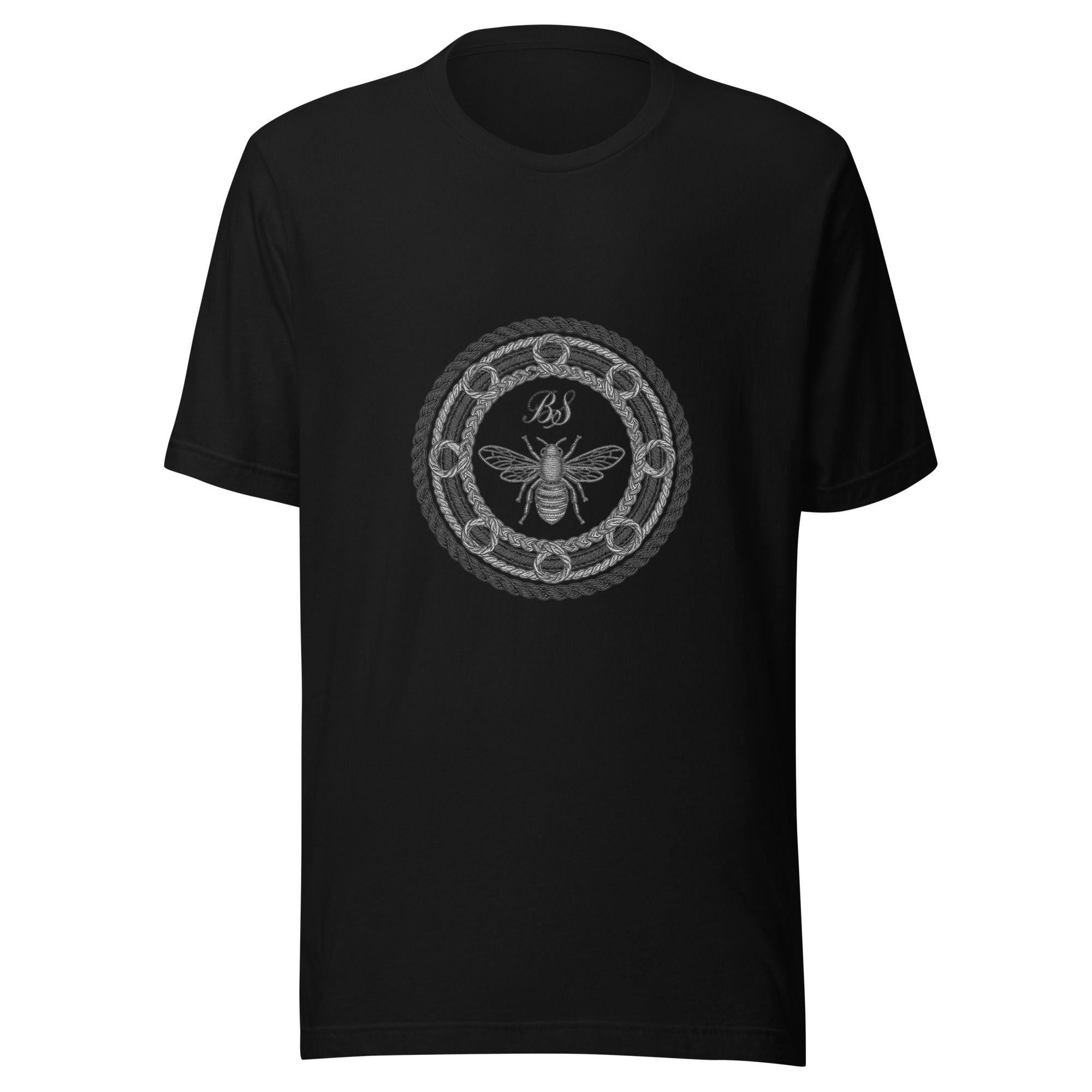 Bee emblem graphic t-shirt black front view vintage bee design men’s tee