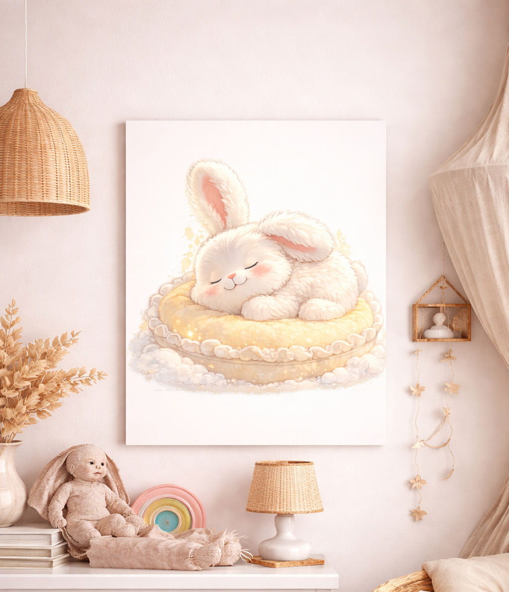 Little Haven bunny nursery wall art displayed in a neutral, peaceful nursery