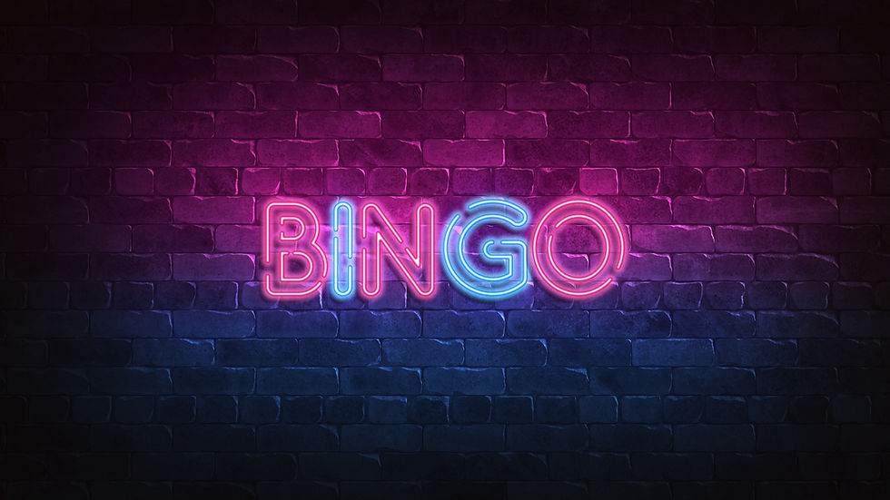 bingo neon sign. purple and blue glow. neon text. Brick wall lit by neon lamps. Night ligh