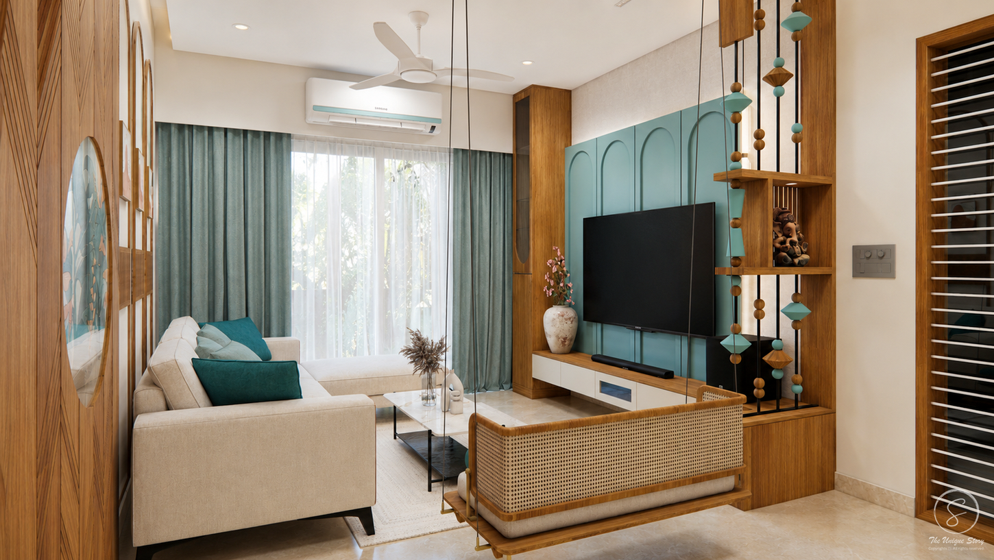 Modern luxury living room featuring a wall-mounted TV unit, teal accent wall panels, custom wooden shelving, beige sectional sofa, and elegant contemporary interior design