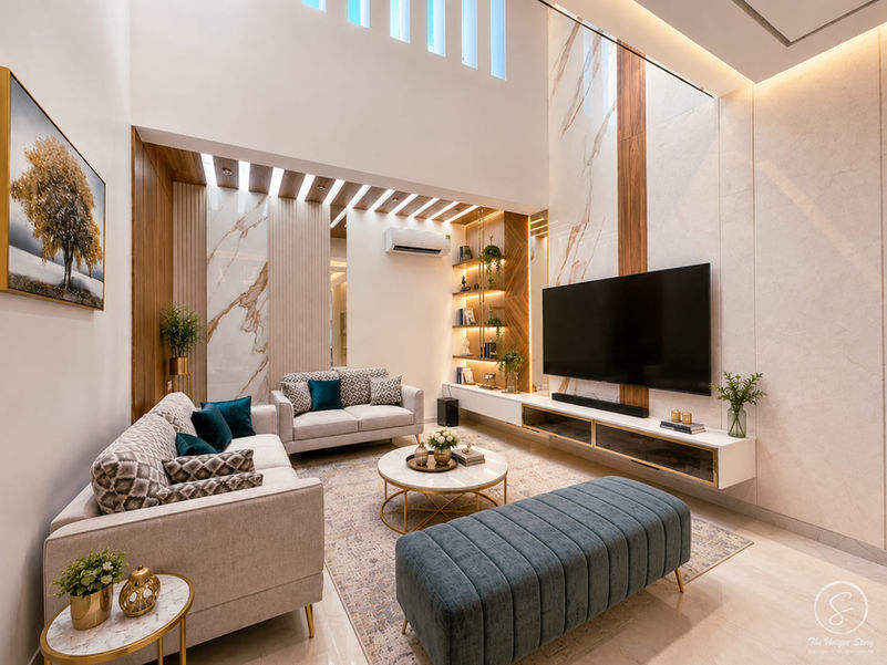 Luxury modern living room featuring a sectional sofa, upholstered ottoman, designer coffee table, wall-mounted TV unit, double-height ceiling, and contemporary interior design with warm ambient lighting