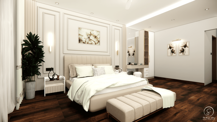 Luxury master bedroom featuring a king-size upholstered bed, wood flooring, decorative wall paneling, warm ambient lighting, and elegant contemporary interior design