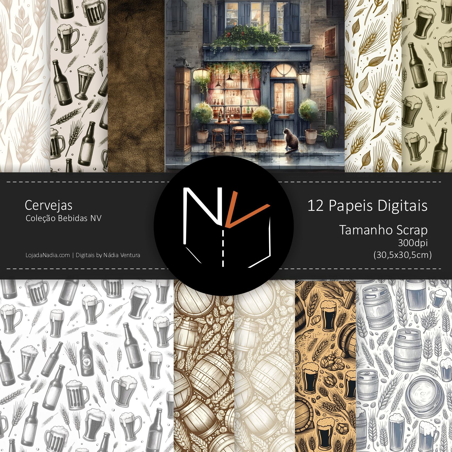 Kit CERVEJAS - 12 Papeis 30,5X30,5 - Coleção Bebidas NV