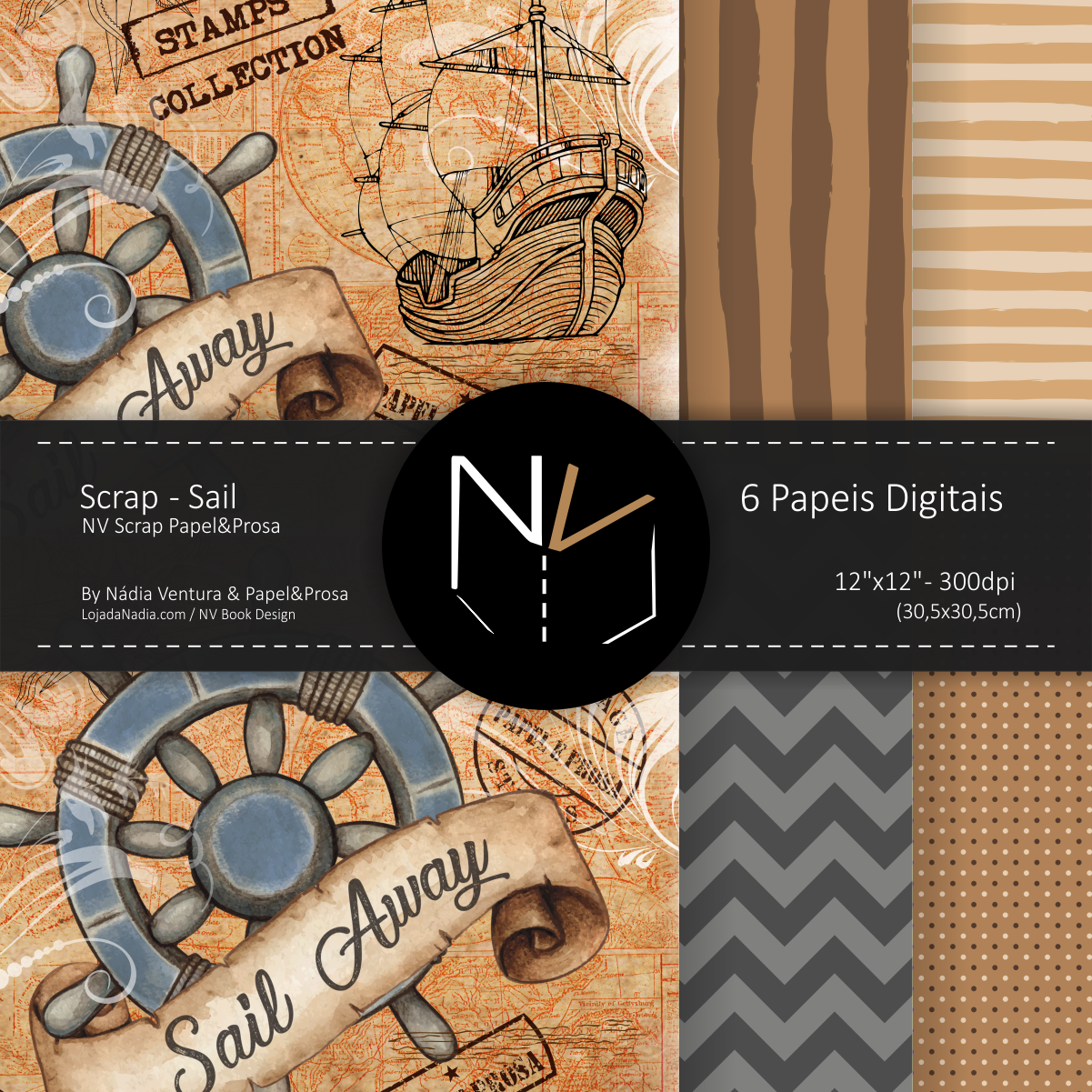 Papeis Scrap SAIL - 6 Papeis 30,5X30,5 - Col. Scrap Papel&Prosa NV