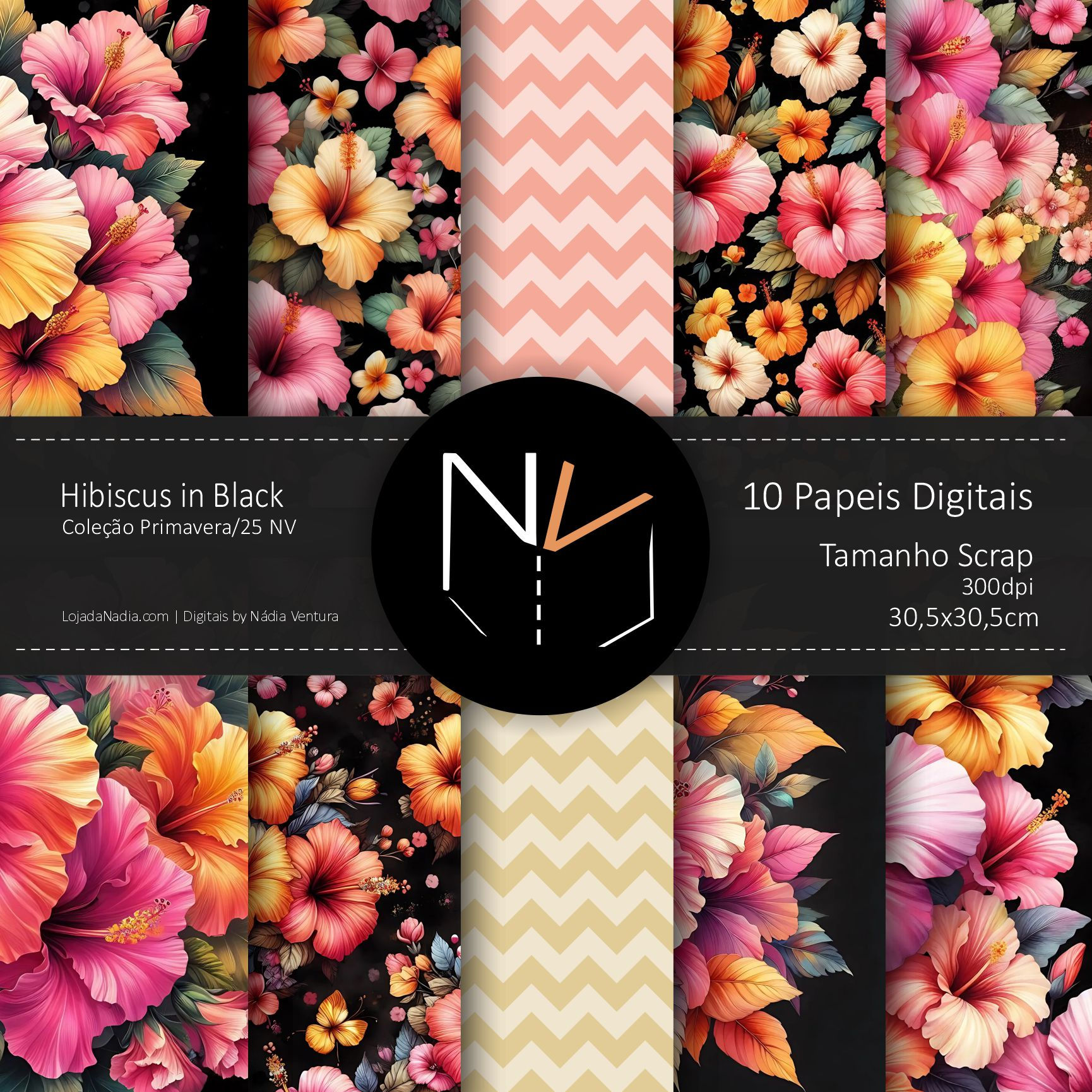 Papeis HIBISCUS in Black - 30,5X30,5 - Col Primavera 25 NV