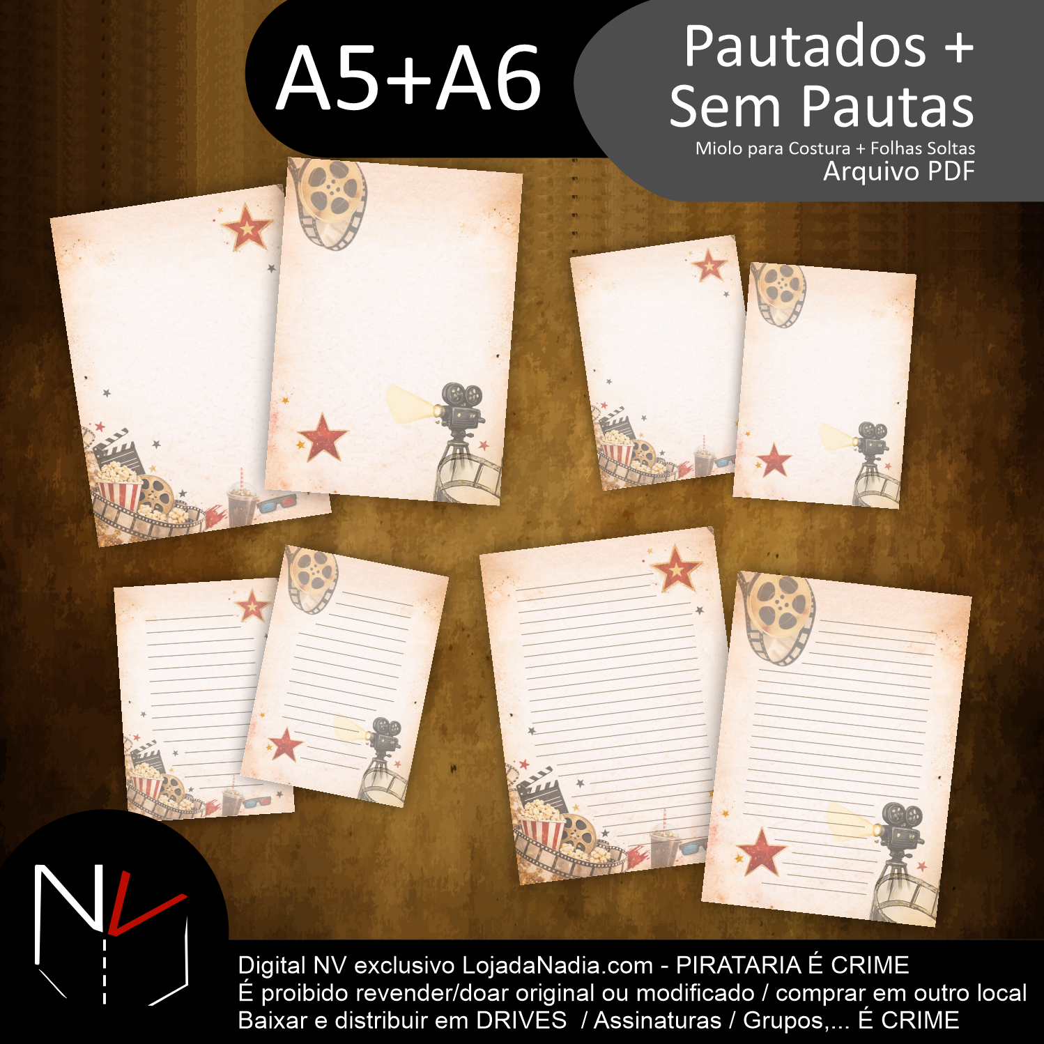 CINEMA VINTAGE | Miolos A5+A6 Pautado + Sem Pautas - Col. Cine NV