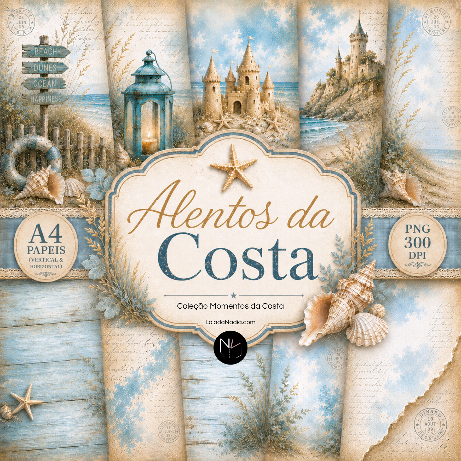 Alentos da COSTA | Kit 14 PAPEIS A4 Vertical e Horizontal - Col Verão NV
