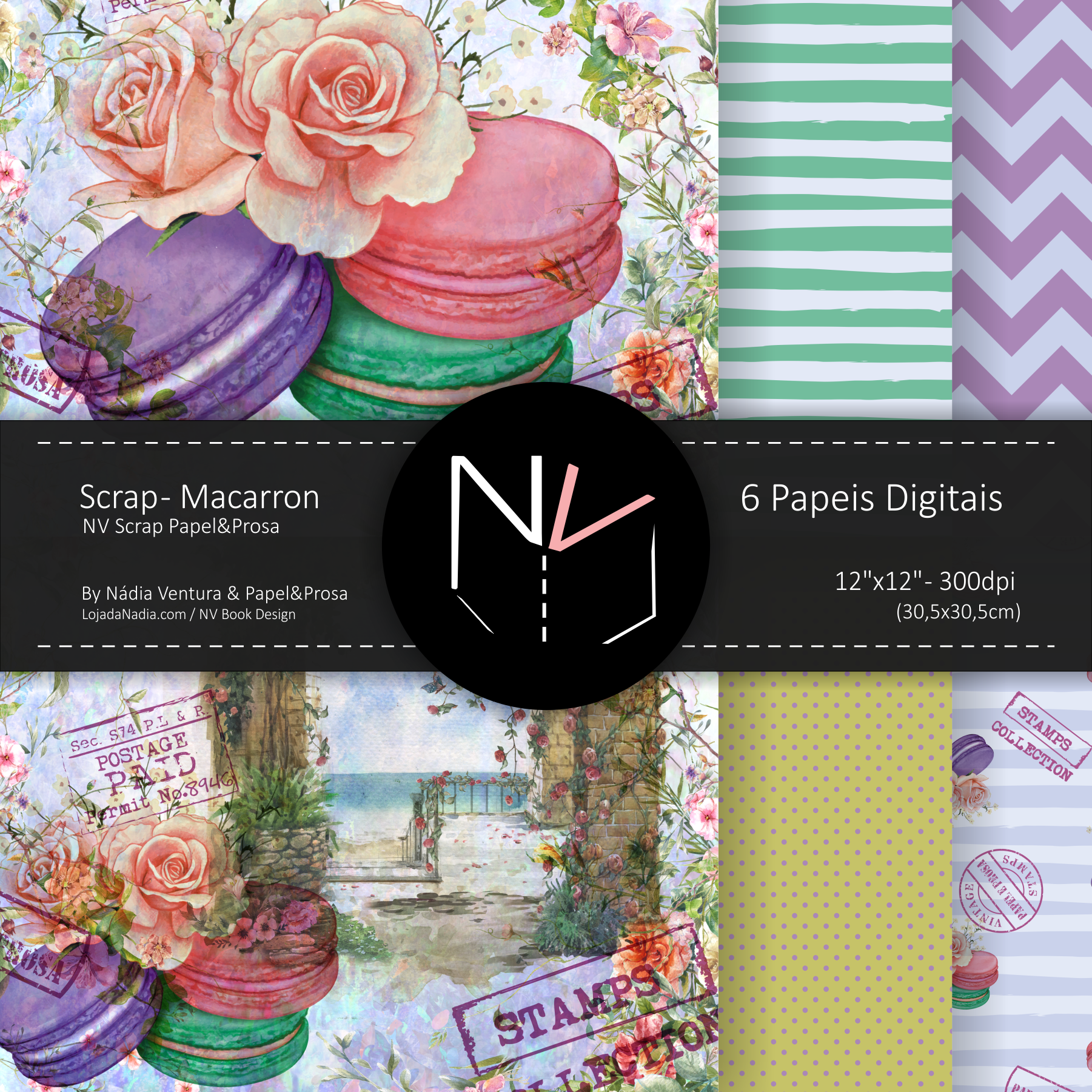 Papeis Scrap Macarron - 6 Papeis - Col. Scrap Papel&Prosa NV