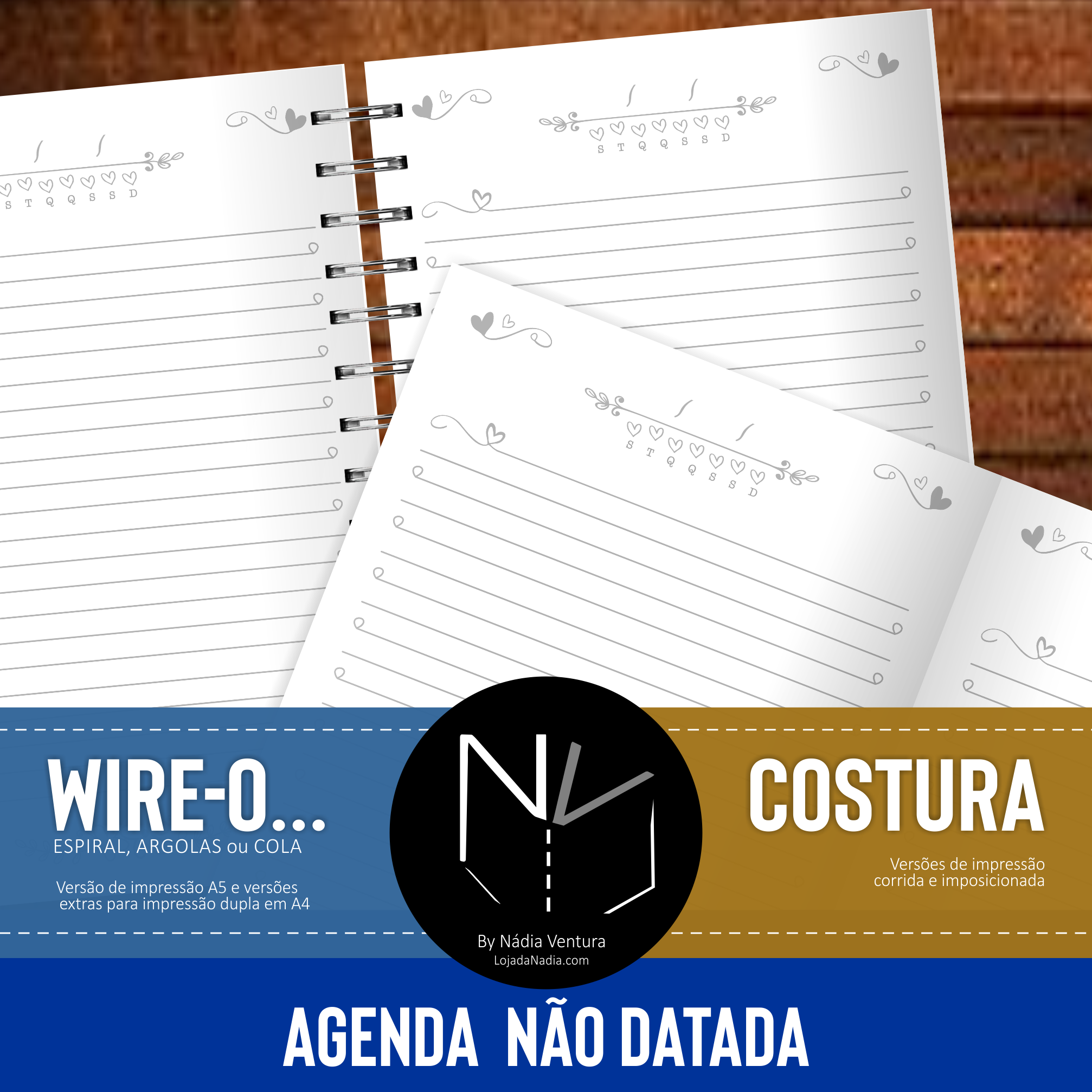Agenda Não Datada A5 Decorada Cute&Prosa - Cal 2026 /2027 - Costura+Folha Solta