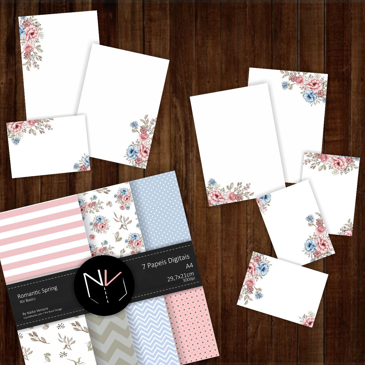 Kit Romantic Spring - Col Basics NV - 7 Papeis e Miolos A5+A6