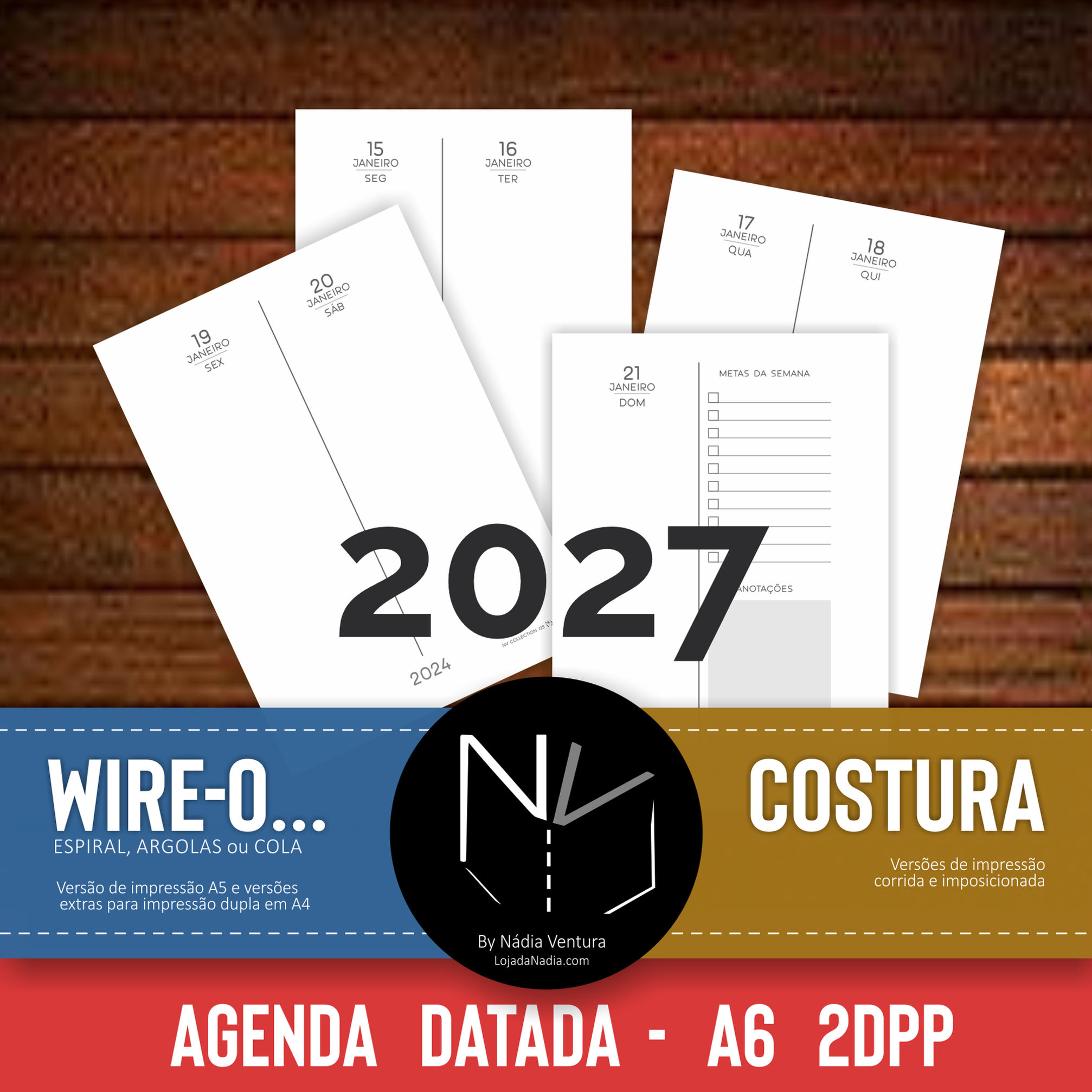 2027 - Agenda A6 Datada 2DPP  |  Costura+Folhas - Col. Clean NV