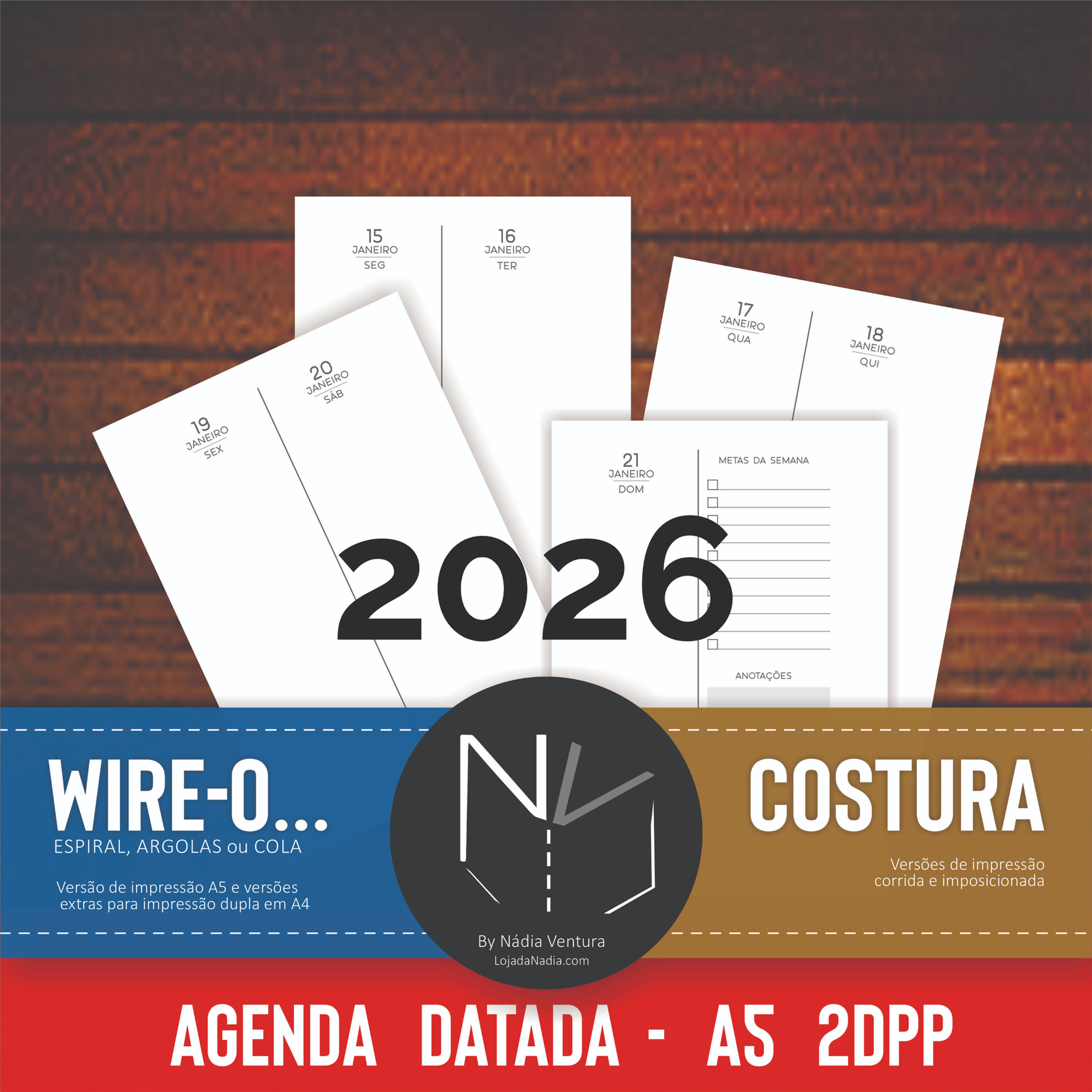 2026 - Agenda A5 Datada 2DPP  |  Costura+Folhas - Col. Clean NV