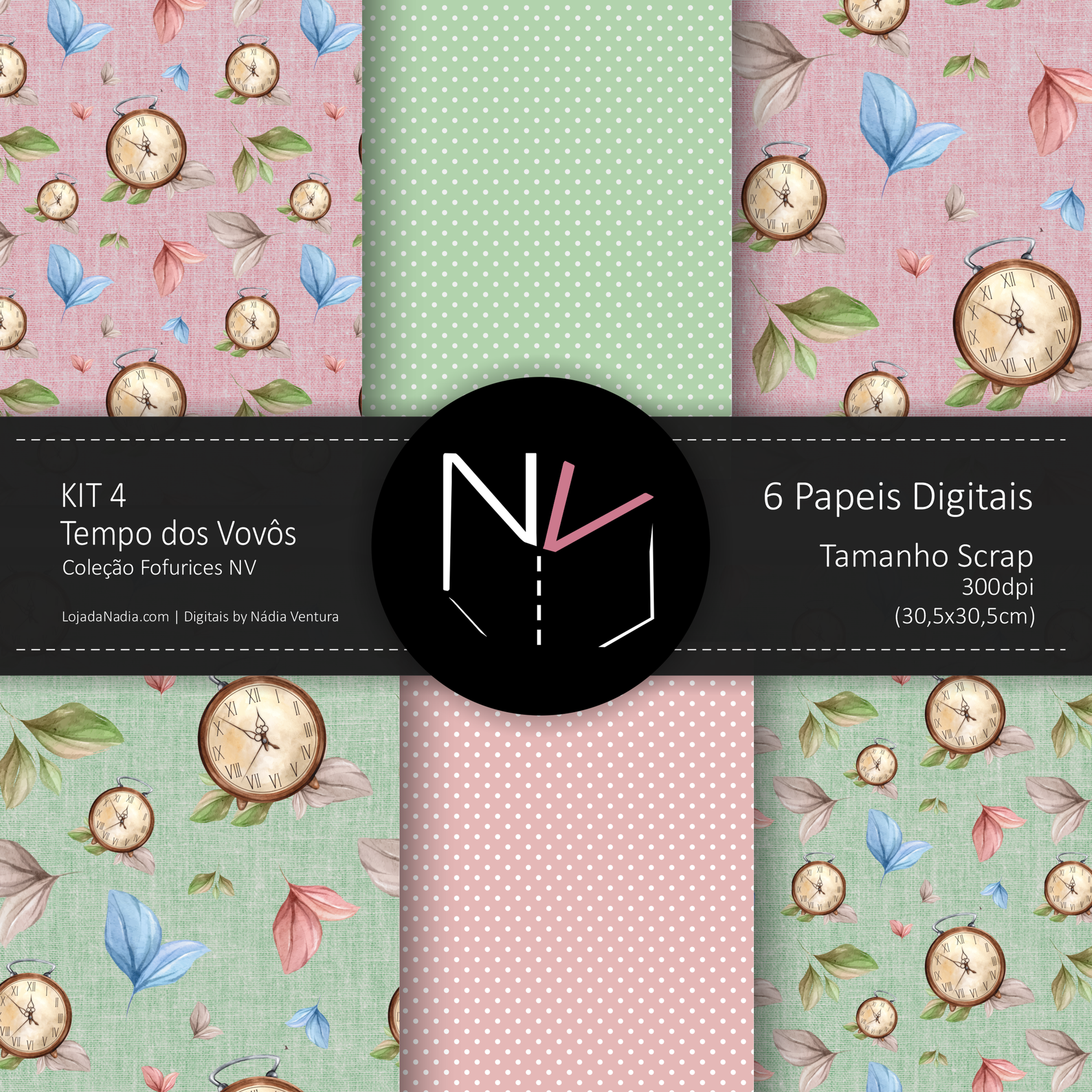 Kit 4 - Papeis Relógio TEMPO dos VOVÔS - 30,5X30,5 - Col Fofurices NV