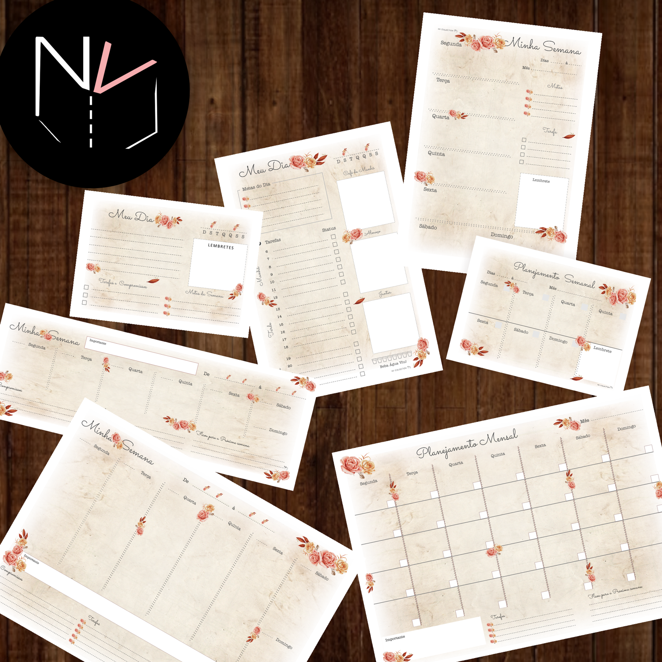 Kit 7 Planners ND - Gratidão VINTAGE ROSAS - Col.Floral NV- Várias Medidas