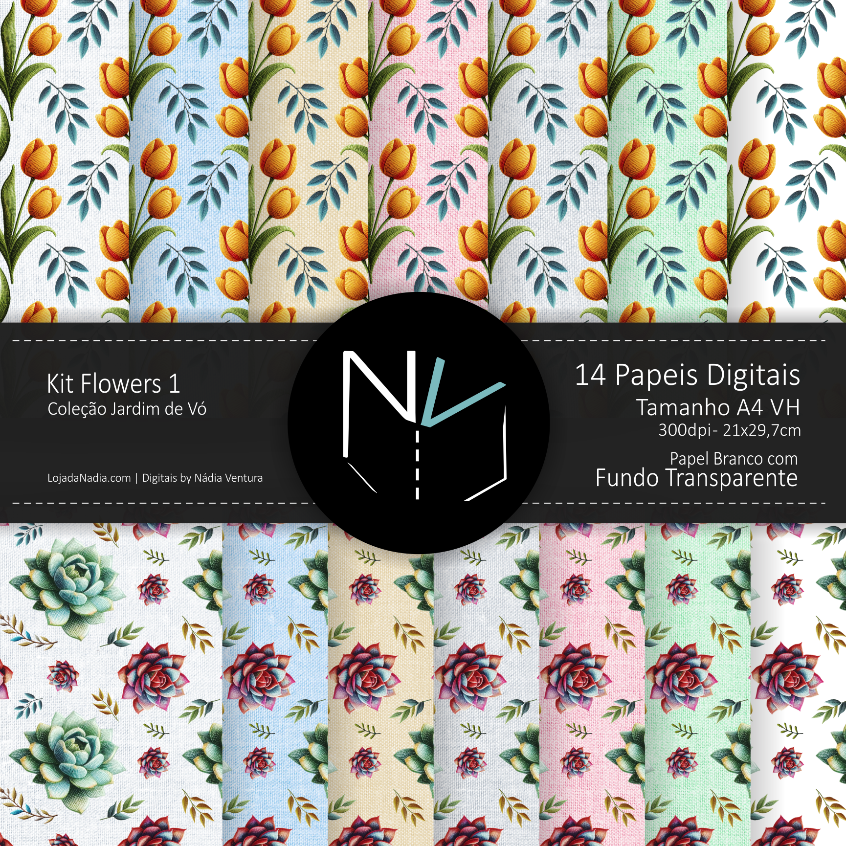 Kit FLOWERS 1 - Jardim de Vó - Papeis A4 - Col Fofurices NV