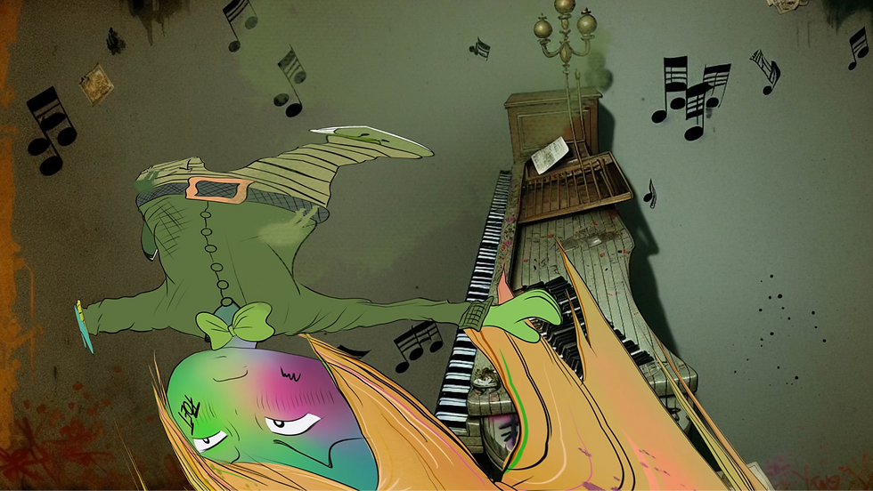A whimsical scene from Mini Gabi World showing Cookie, the activist with pigtails, floating in the air inside the mansion above a strange, surreal piano, adding to the dreamlike and eccentric atmosphere of the film.