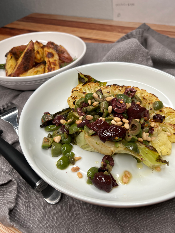 Roasted Cauliflower Steak | Olive-Caper Relish & Rosemary Potato Wedges