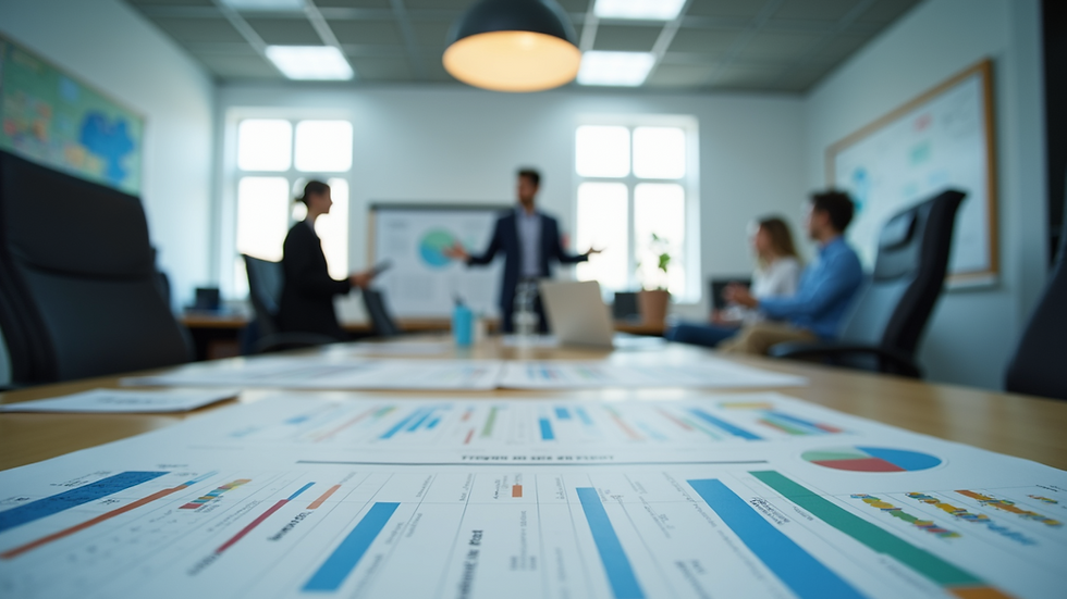 Eye-level view of a modern office space filled with strategic planning materials