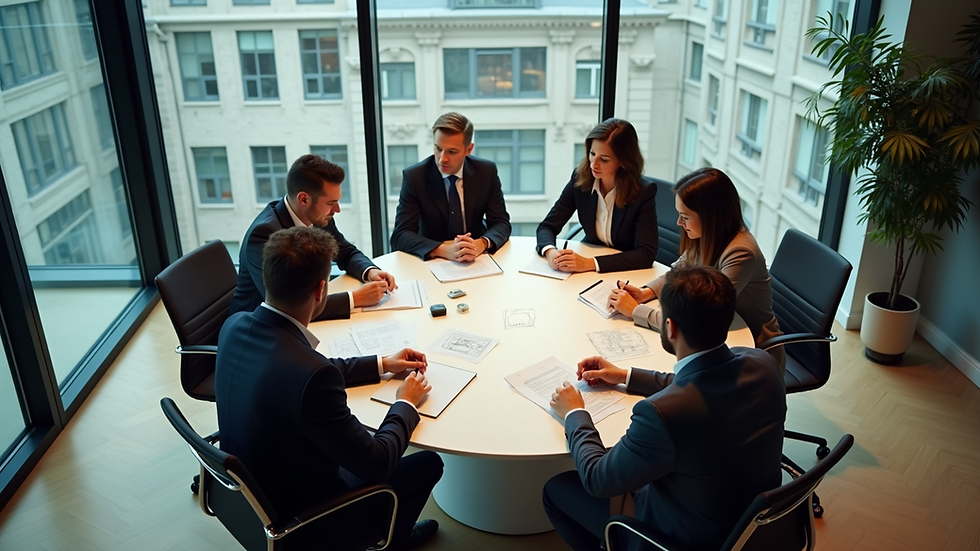 High angle view of a brainstorming session in an office