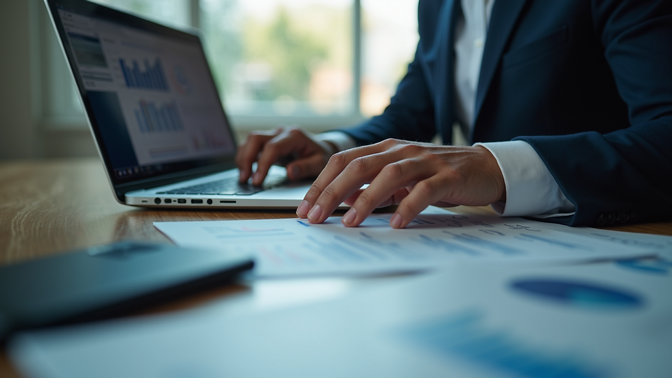 Close-up view of a consultant reviewing data on a laptop