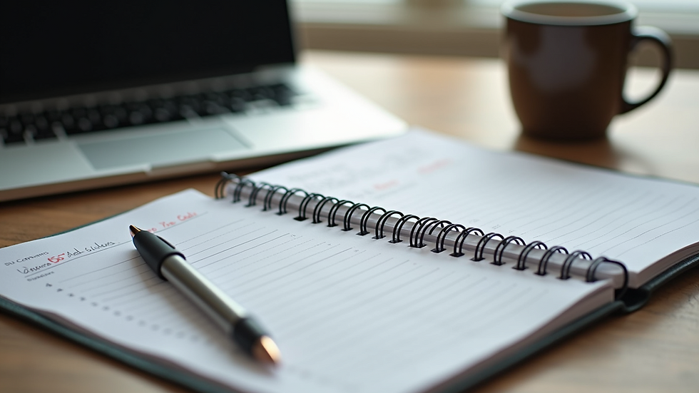 Eye-level view of a desk with a laptop and a content calendar planner